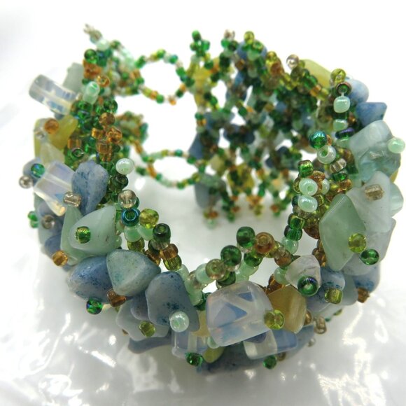Beaded Stone Chip Wide Cuff Bracelet Green Blue Boho Chunky Statement - Picture 1 of 8